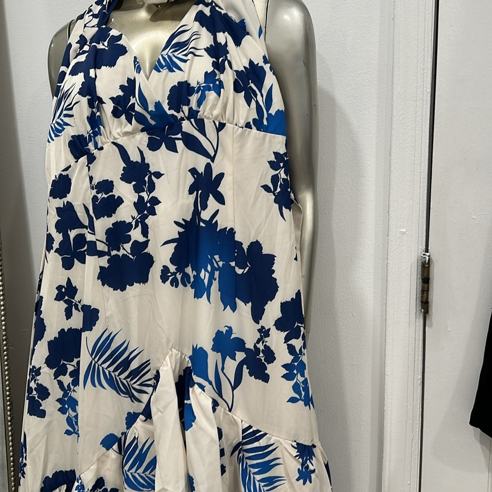 the blue halter cut out ruffle maxi Dress Size XL wedding multi blue wht floral - Picture 7 of 15